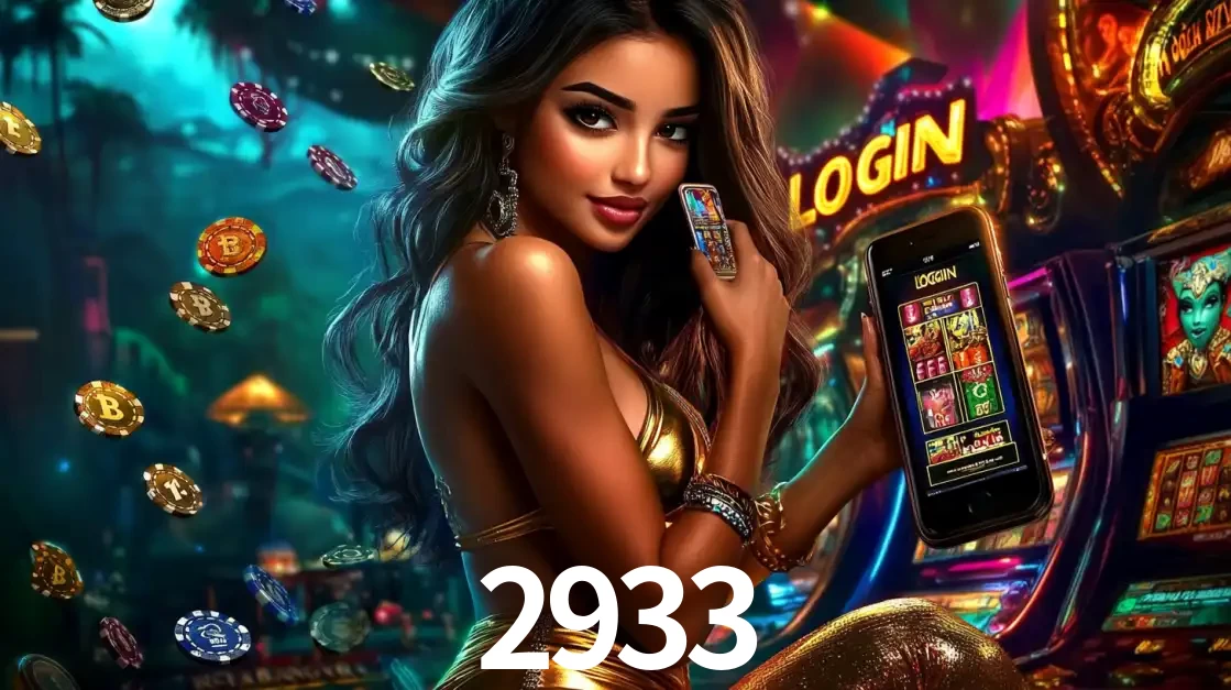 Mulher em um cenário de cassino temático de aventura, mostrando o app de caça-níqueis da 2933 no celular. Fichas de apostas flutuam ao redor.