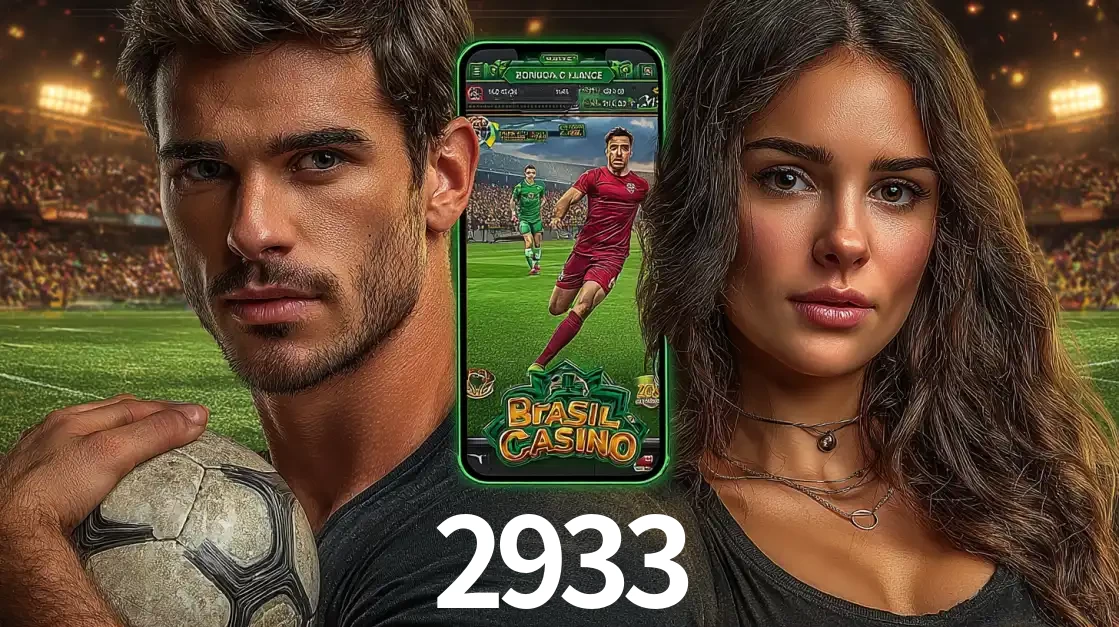 Homem segurando uma bola de futebol e uma mulher ao lado de um smartphone exibindo o jogo de apostas esportivas da 2933. Faça seu palpite no cassino online.